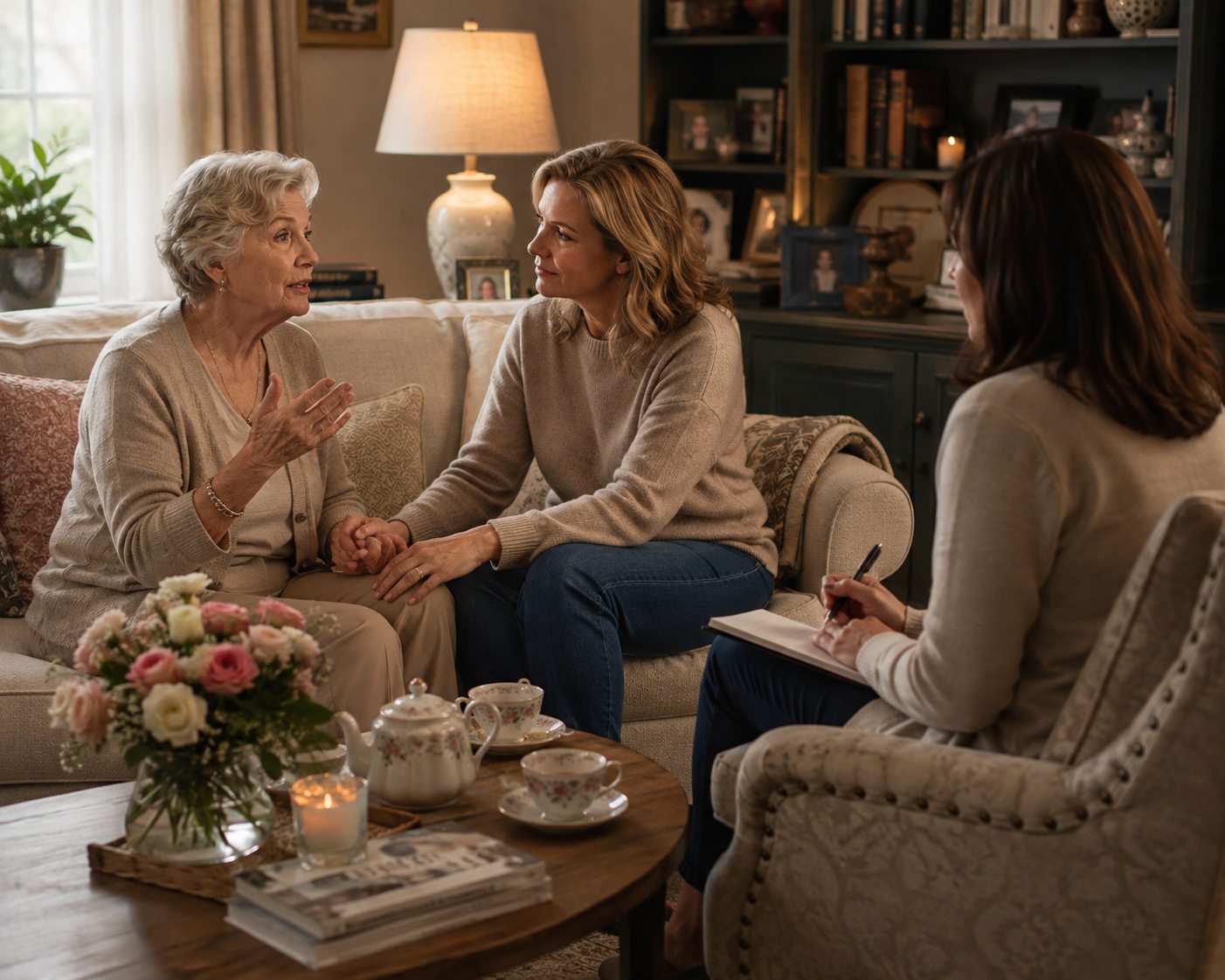 Three women sharing stories in a warmly lit sitting room